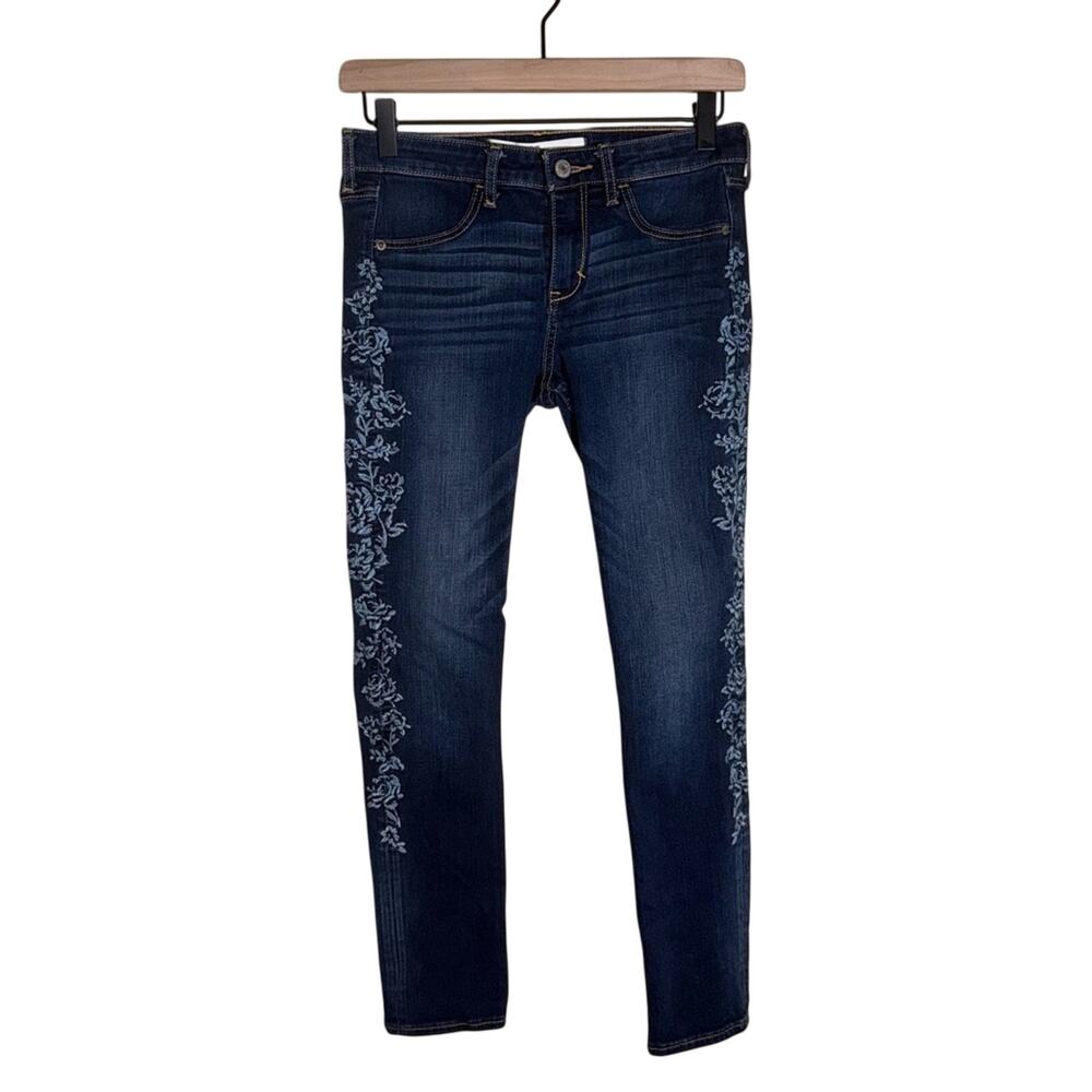 ABERCROMBIE & FITCH Y2K dark wash full length floral embroidery straight jeans 2